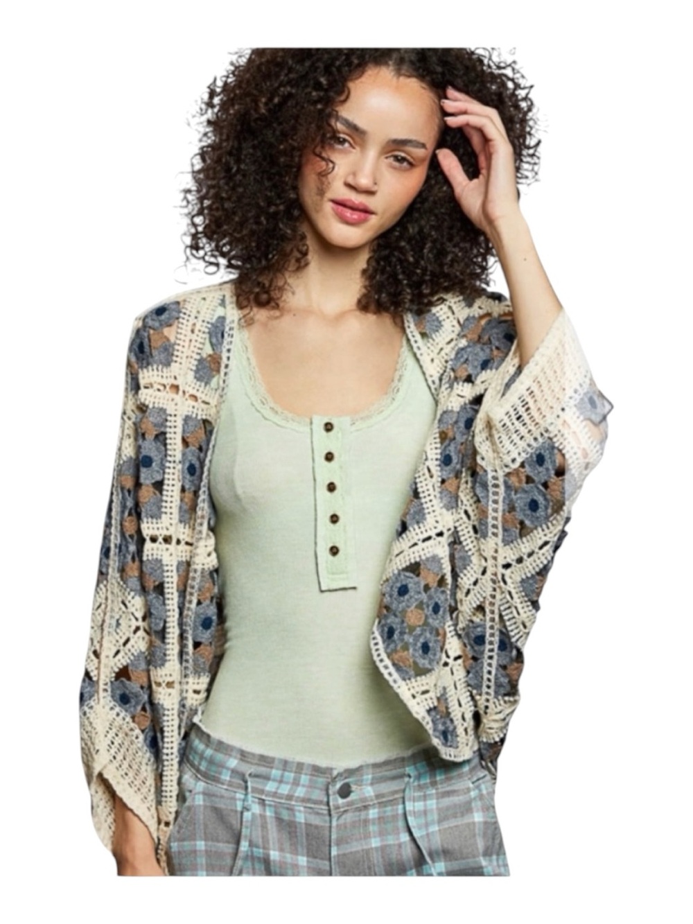 POL Crochet One Size Open-Front Cardigan in Cream & Blue